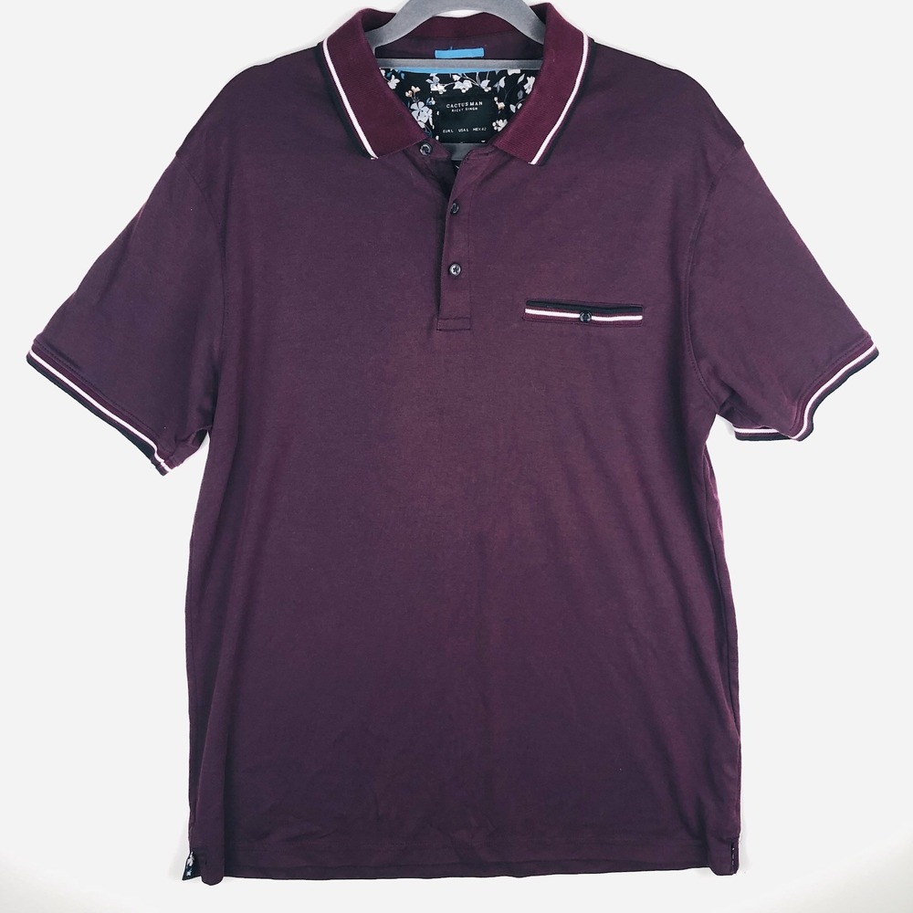 Cactus Man Ricky Singh Mens Large Maroon Purple Polo Shirt Floral Trim Golf L